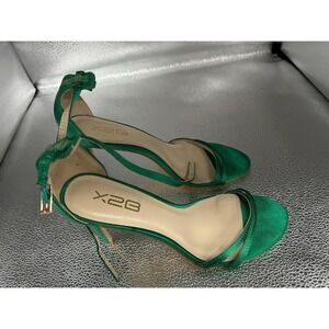 X2B Womens Emerald Green Satin Stiletto Sandals Ankle Strap Open Toe Heels